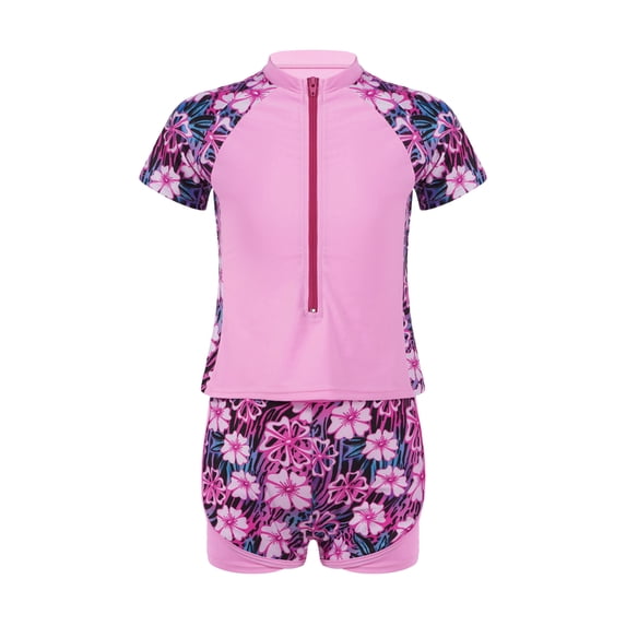 Alvivi Kids Girls Athletic Swimsuit Two Piece Short Sleeve Rash Guard Swimwear Set Bathing Suit Pink Floral 12