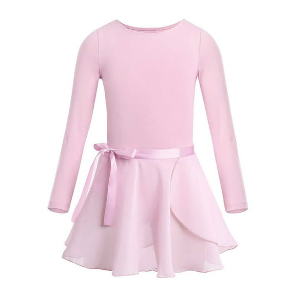 Alvivi Kids Girls Ballet Dance Dress Ballerina Long Sleeve Gymnastic Leotard with Chiffon Wrap Skirt Pink 8-10