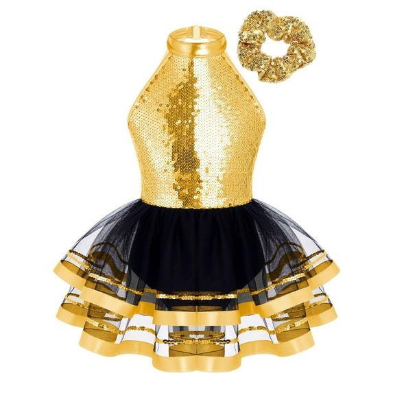 Alvivi Kids Girls Ballet Dance Dress Shiny Sequins Sleeveless Tutu Skirt Leotard with Hair Tie Gold 10