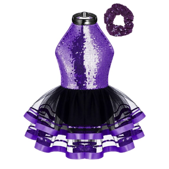 Alvivi Kids Girls Ballet Dance Dress Shiny Sequins Sleeveless Tutu Skirt Leotard with Hair Tie Purple 14