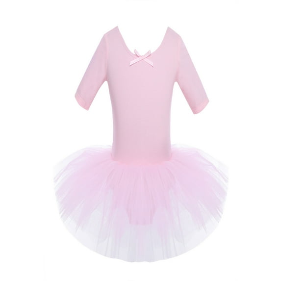 Alvivi Kids Girls Ballet Dance Leotard Dress Short Sleeve Cotton Tulle Tutu Dancewear 2-14 A Pink 3-4