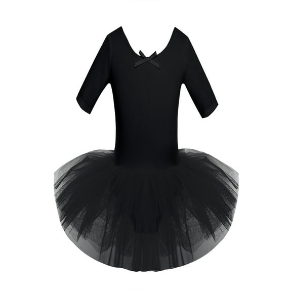 Alvivi Kids Girls Ballet Dance Leotard Dress Short Sleeve Cotton Tulle Tutu Dancewear 2-14 Black 7-8