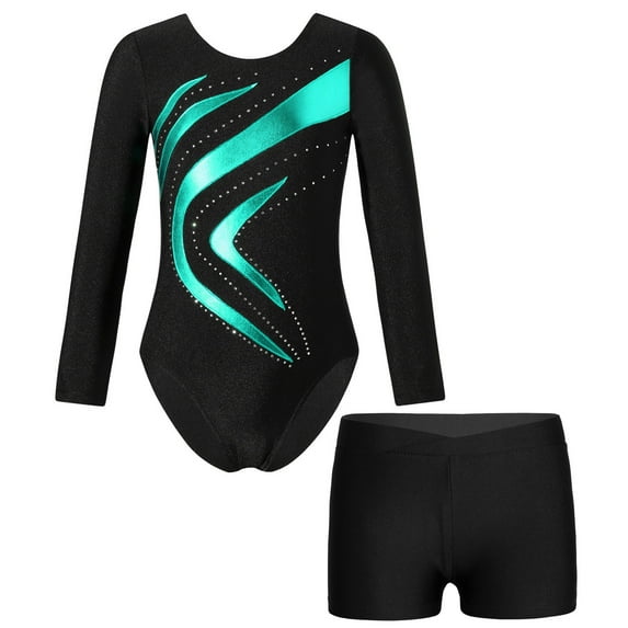 Alvivi Kids Girls Ballet Dance Long Sleeve Gymnastics Leotard with Booty Sports Tracksuit Dancewear Blue Green 6