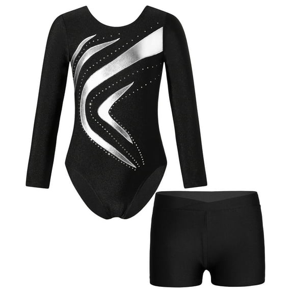 Alvivi Kids Girls Ballet Dance Long Sleeve Gymnastics Leotard with Booty Sports Tracksuit Dancewear Silver 6