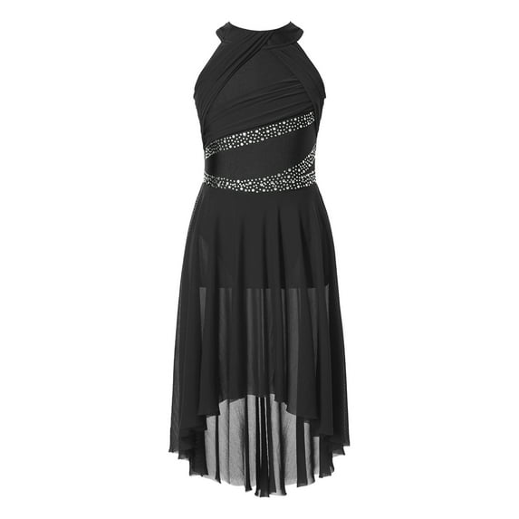 Alvivi Kids Girls Ballet Lyrical Dance Dress Sleeveless High-Low Skirted Leotard Dancewear Black 10
