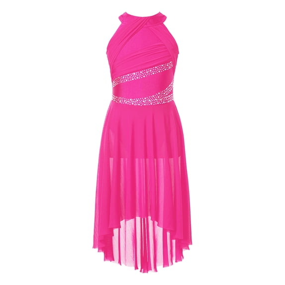 Alvivi Kids Girls Ballet Lyrical Dance Dress Sleeveless High-Low Skirted Leotard Dancewear Hot Pink 12