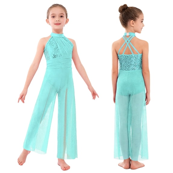 Alvivi Kids Girls Ballet Lyrical Dance Bodysuit Sleeveless Leotard Wide-Leg Jumpsuit Performance Dancewear Light Green 14