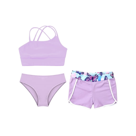 Alvivi Kids Girls Beachwear Swimsuits Printed Swimming Bathing Suit 3 Pieces Quick Dry Swimwear Lavender 14