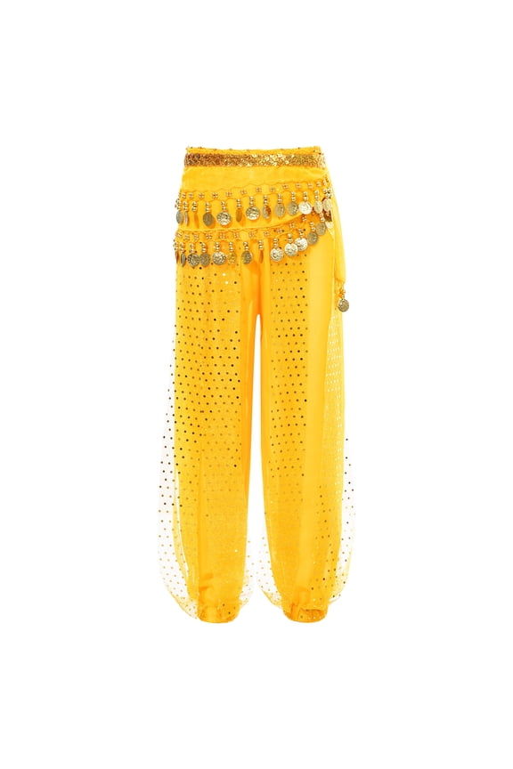 Kids Girls Belly Dance Harem Pants Beads Coin Tribal Arabic Indian Dance Trousers with Hip Scarf Yellow 5-7
