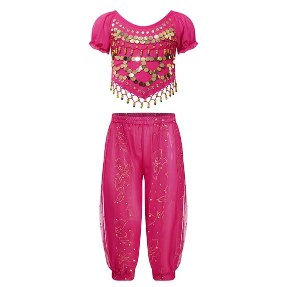 Alvivi Kids Girls Belly Dance Outfits Sequin Tassels Crop Top with Bloomers Pants Fancy Dress Up Hot Pink 2Pcs/Set 2-3