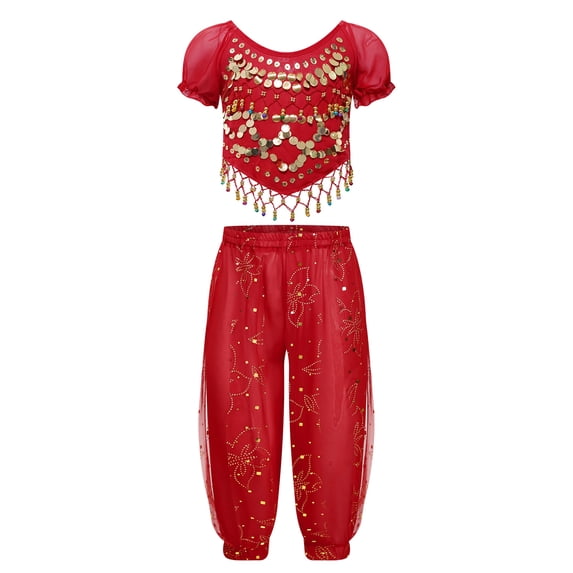 Alvivi Kids Girls Belly Dance Outfits Sequin Tassels Crop Top with Bloomers Pants Fancy Dress Up Red 2Pcs/Set 6-8