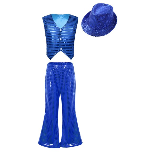 Alvivi Kids Girls Boys Modern Hip Hop Jazz Dance Costume Sequins Vest Tops with Flared Pants Hat Set Blue 9-10