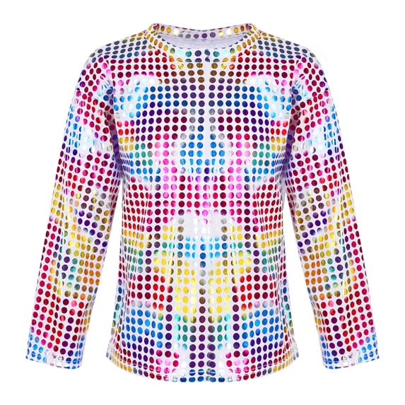 Alvivi Kids Girls Boys Shiny Metallic Long Sleeve Sports Dance Crop Top T-Shirt Jazz Hip-Hop Dancewer Colorful 3-4