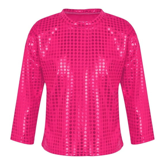 Alvivi Kids Girls Boys Shiny Metallic Long Sleeve Sports Dance Crop Top T-Shirt Jazz Hip-Hop Dancewer Hot Pink 5-6