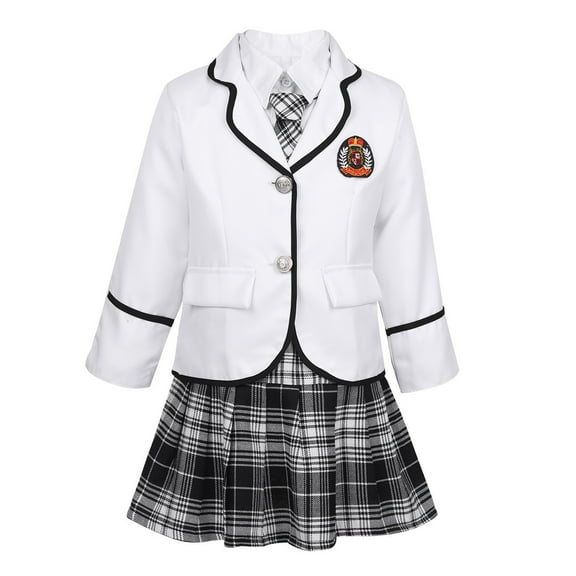 Alvivi Kids Girls' British Korean Japanese School Uniforms Shirt with Tie Pleated Skirt Jacket Set White 8-10
