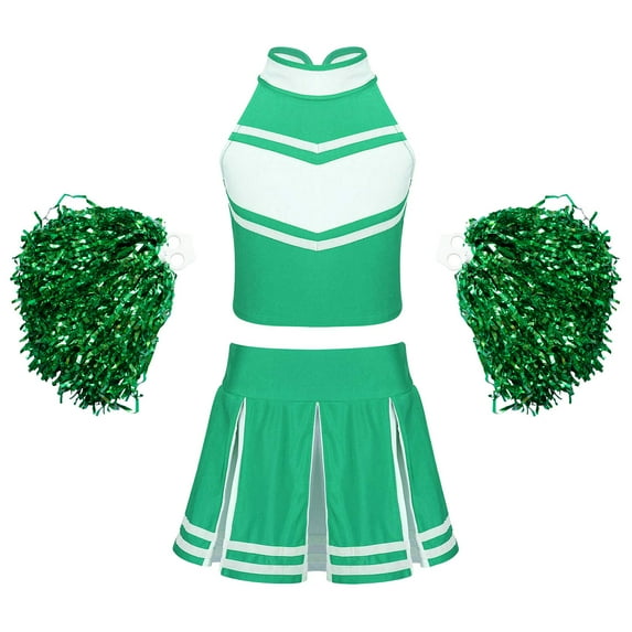 Alvivi Kids Girls Cheer Leader Costume Cheerleading Uniform Crop Top with Pleated Skirt Pom Poms Green 10