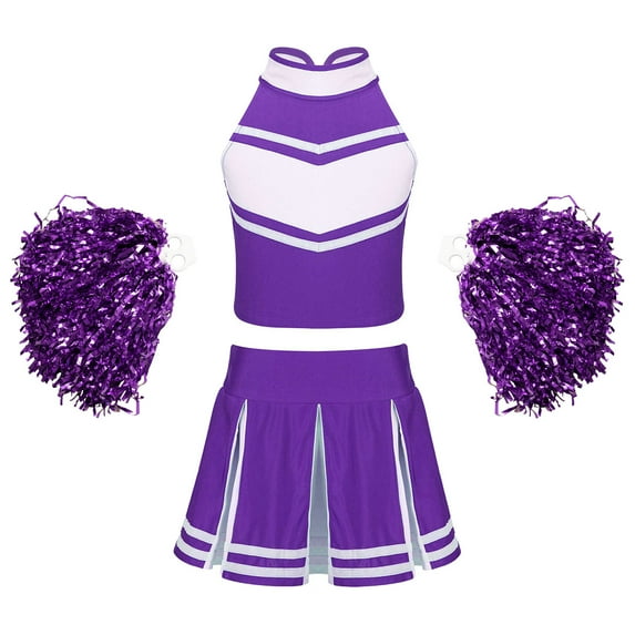 Alvivi Kids Girls Cheer Leader Costume Cheerleading Uniform Crop Top with Pleated Skirt Pom Poms Purple 16