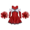 thumbnail image 1 of Alvivi Kids Girls Cheer Leader Costume Long Sleeve Off Shoulder Sequin Leotard Dress with Flower Balls Set Red 16, 1 of 6