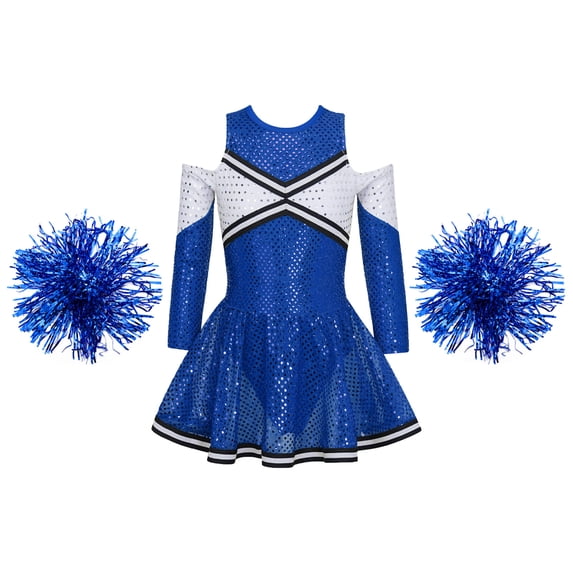 Alvivi Kids Girls Cheer Leader Costume Long Sleeve Off Shoulder Sequin Leotard Dress with Flower Balls Set Royal Blue 14