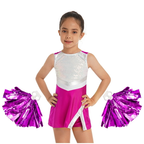 Alvivi Kids Girls Cheerleading Costumes Sequin Dress With Pom Poms Uniform 4-14