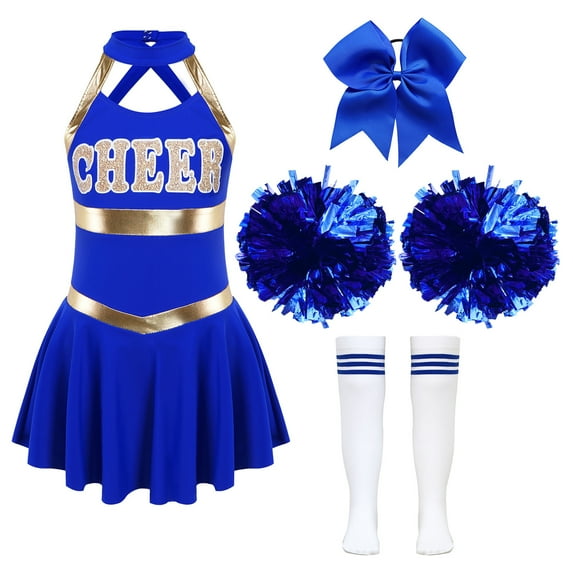 Alvivi Kids Girls Cheerleading Outfits Cheer Leader Sleeveless Dance Dress with Stocking Pom Poms Set B Blue 10