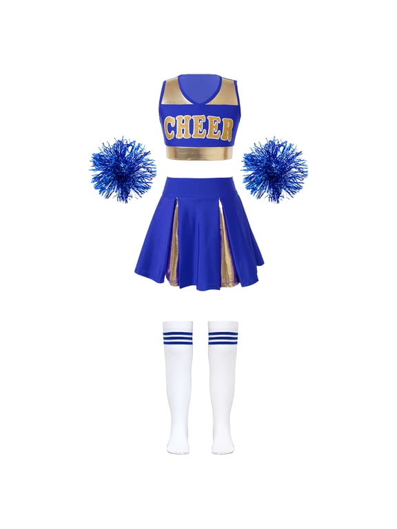 Kids Girls Cheerleading Uniform Cheer Dance Costume Crop Top Pleated Skirt with Pom Pom Stock B Blue 12