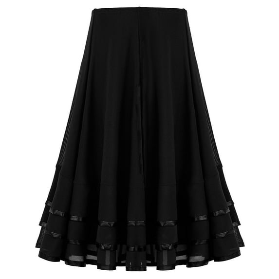 Alvivi Kids Girls Chiffon Tiered Striped Mesh Skirt Lyrical Latin Salsa Rumba Flamenco Dance Skirt Black 14