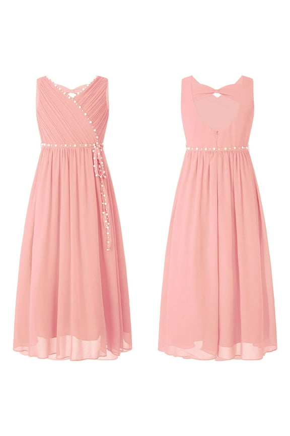 Kids Girls Chiffon V Neck Party Dress Wedding Maxi Formal Ball Gown 4-14