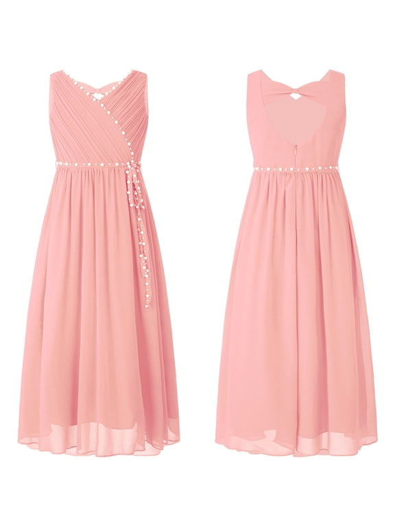 Kids Girls Chiffon V Neck Party Dress Wedding Maxi Formal Ball Gown 4-14