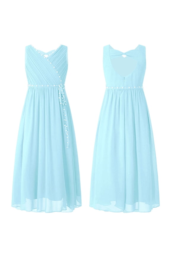 Kids Girls Chiffon V Neck Party Dress Wedding Maxi Formal Ball Gown 4-14
