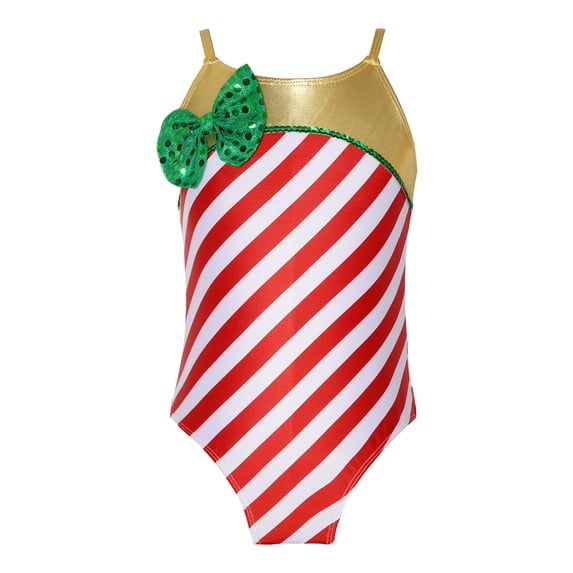 Alvivi Kids Girls Christmas Dance Jumpsuit Xmas Camisole Striped Gymnastics Leotard Bodysuit Red 10