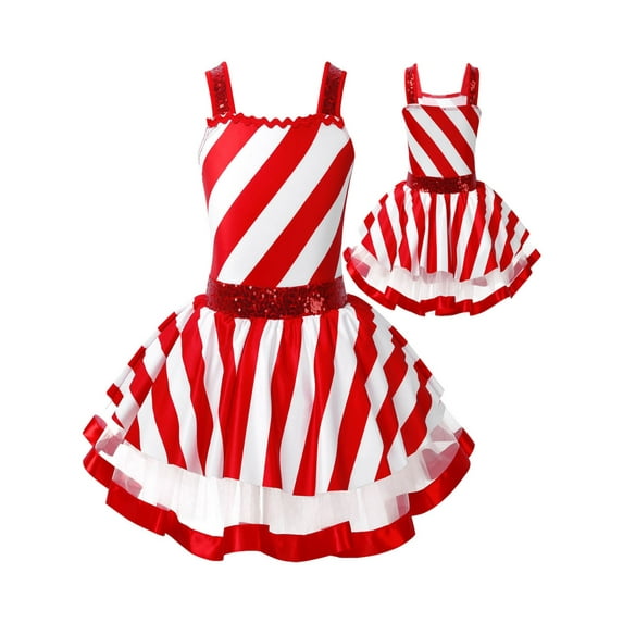 Alvivi Kids Girls Christmas Dress Dance Leotard Shiny Sequins Striped Tutu Skirt Dancewear 2T-16 Red 6