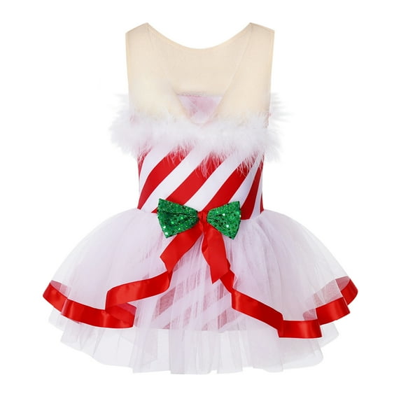 Alvivi Kids Girls Christmas Fluffy Stripe Tutu Dance Leotard Dress Xmas Party Costume 6-16