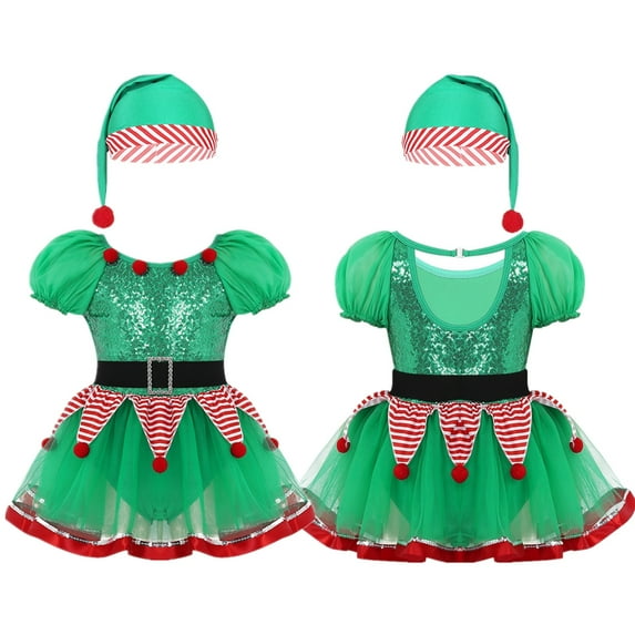 Alvivi Kids Girls Christmas Outfit Green Striped Peplum Tutu Leotard Dress+Hat Set 2-14T