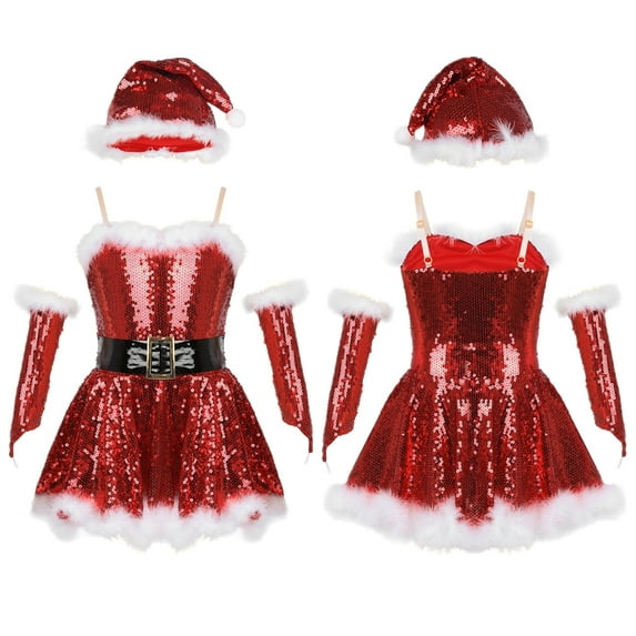 Alvivi Kids Girls Christmas Santa Dance Outfit Figure Ice Skating Dress Hat Arm Sleeves Set