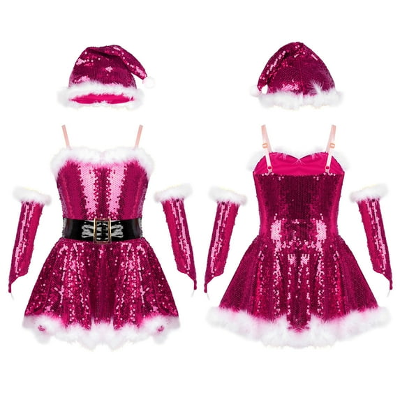 Alvivi Kids Girls Christmas Santa Dance Outfit Figure Ice Skating Dress Hat Arm Sleeves Set