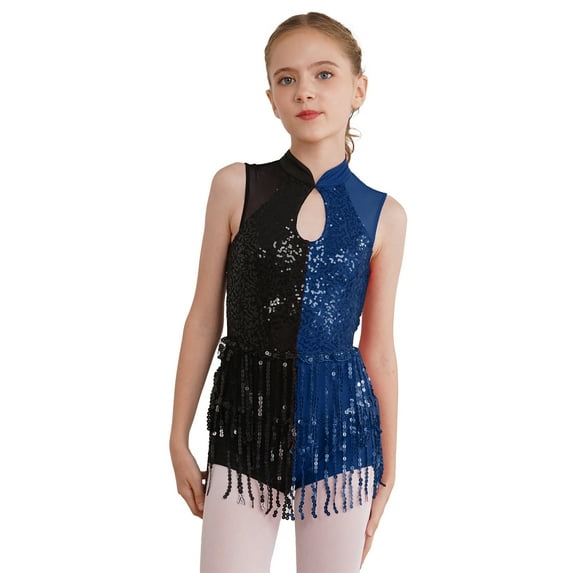 Alvivi Kids Girls Color Block Sequins Tassels Fringed Leotard Dress Ballroom Latin Dance Costume Navy Blue 16