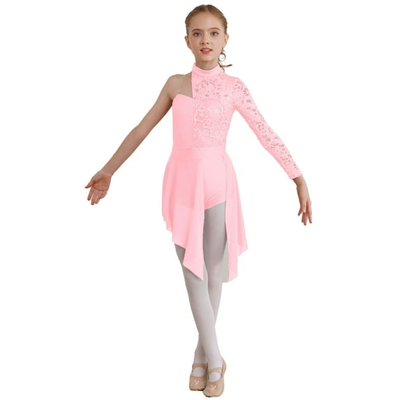 Alvivi Kids Girls Contemporary Lyrical Ballet Dance Dress One Sleeve Long Skirt Leotard Pink 14