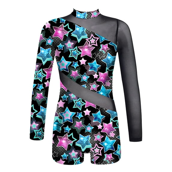 Alvivi Kids Girls Dance Gymnastics Jumpsuit Mock Neck Long Sleeves Mesh Patchwork Bodysuit 6-16