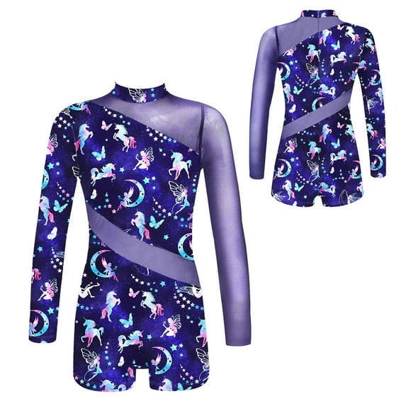 Alvivi Kids Girls Dance Gymnastics Jumpsuit Mock Neck Long Sleeves Mesh Patchwork Bodysuit 6-16