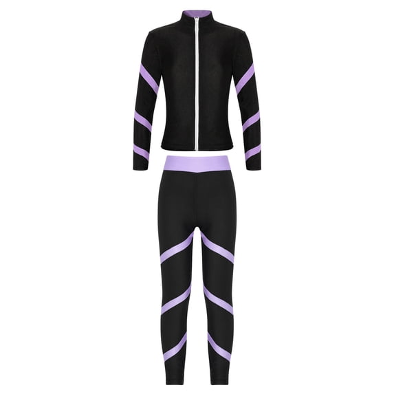 Alvivi Kids Girls Figure Skating Jacket with Pants Set 2 Piece Gym Workout Compression Tracksuit Light Purple 10