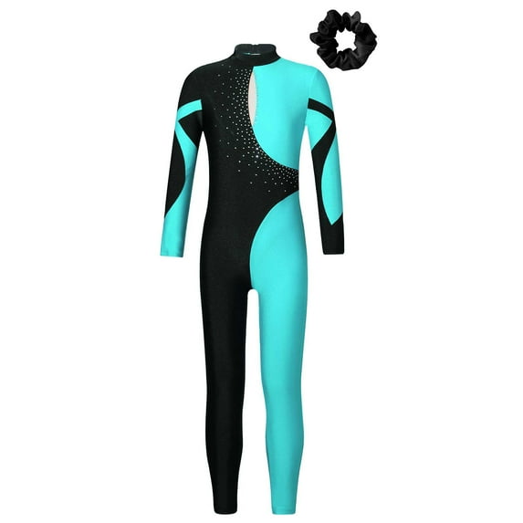 Alvivi Kids Girls Full Body Dance Unitards Bodysuit Gymnastics Leotards Figure Ice Skating Jumpsuit Blue Green&Black 8