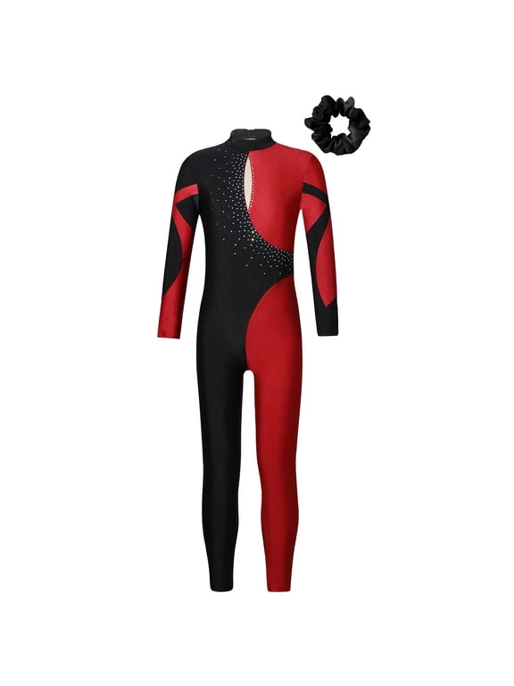 Kids Girls Full Body Dance Unitards Bodysuit Gymnastics Leotards Figure Ice Skating Jumpsuit Burgundy&Black 8