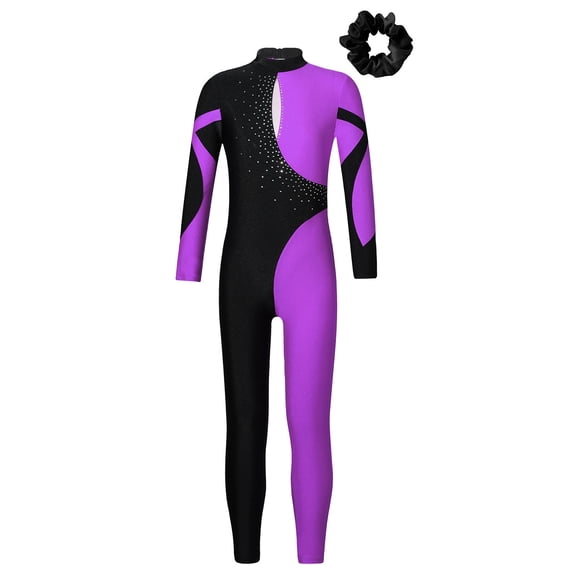 Alvivi Kids Girls Full Body Dance Unitards Bodysuit Gymnastics Leotards Figure Ice Skating Jumpsuit Purple&Black 16