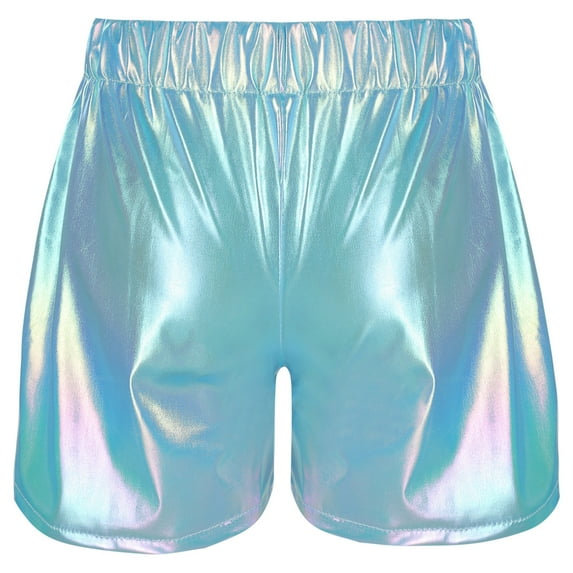 Alvivi Kids Girls Glitter Metallic Dance Gymnastics Shorts Tumbling Booty Shorts Cheer Party Bottoms Sky Blue 11-12