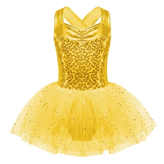 Alvivi Kids Girls Glitter Sleeveless Ballet Dance Dress Leotard with Tutu Skirt Ballerina Dancewear Gold 16
