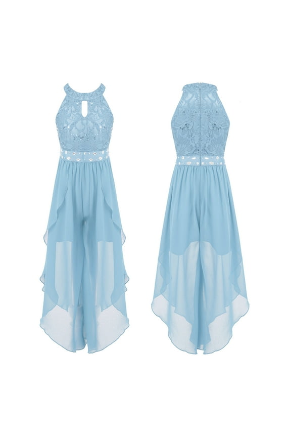 Kids Girls Glittering Beaded Party Jumpsuit Dress Chiffon Romper Gown 6-16