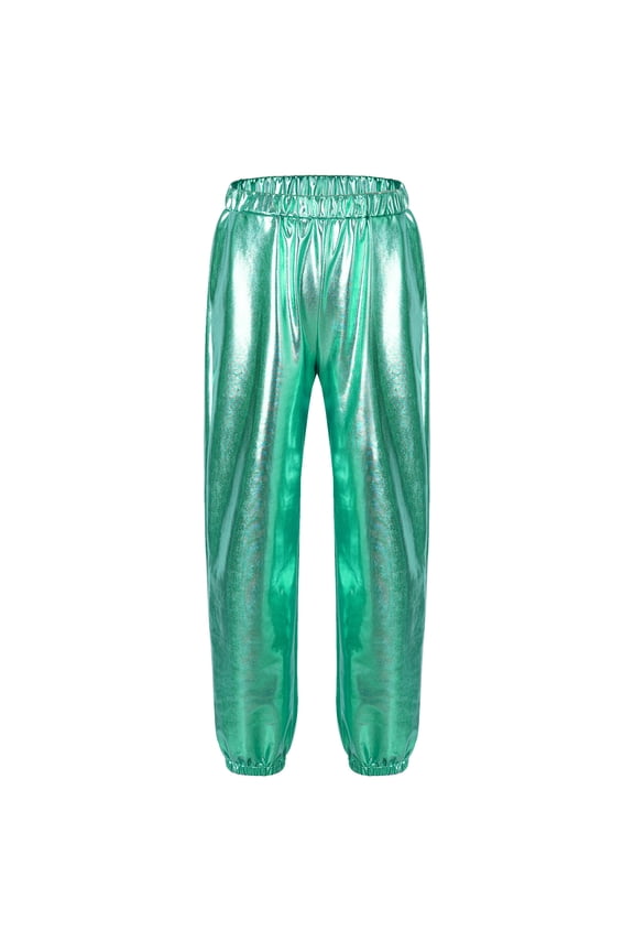 Kids Girls Glossy Metallic Dance Pants Hip Hop Trousers Dancewear 6-16 Blue Green 6