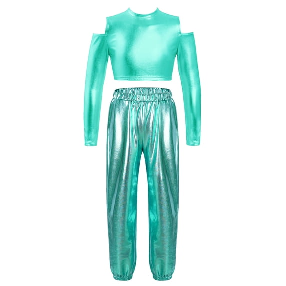 Alvivi Kids Girls Glossy Metallic Jazz Hip Hop Dance Crop Top with Pants Set Performance wear Blue Green 8
