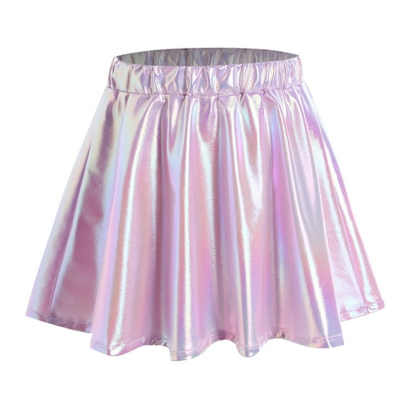 Alvivi Kids Girls Glossy Metallic Pleated Mini Skirt Latin Jazz Modern Ballet Dance A-Line Scooter Skirt Light Purple 9-10